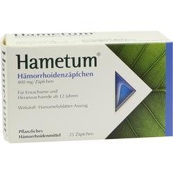 Packung von Hametum Hämorrhoidenzäpfchen, pflanzliches Heilmittel.